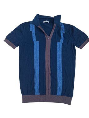 Enrico Cadini Knit Polo Shirt Mens Small Collared Blue Brown Striped Italy